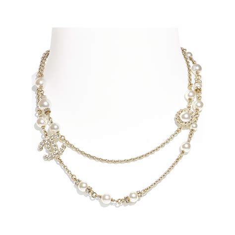 Necklace Metal, Glass Pearls & Strass Gold, Pearly White & Crystal